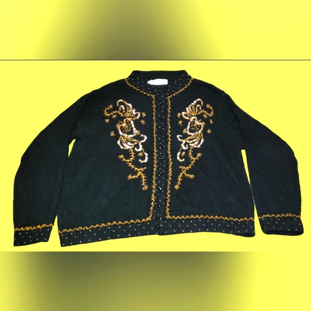 #017 Karen Scott- Black Sequined Front Button-up Sweater Cardigan- Sz. XL - Picture 2 of 14